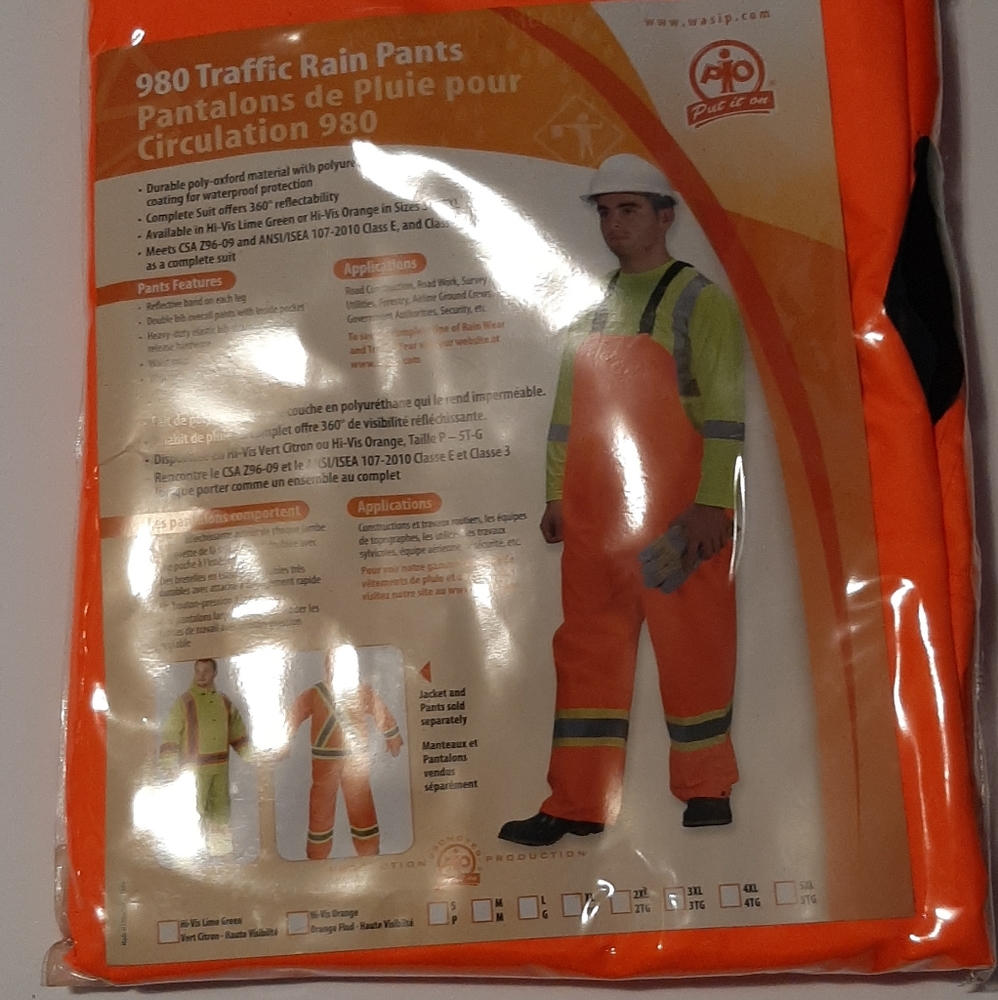 980 Traffic Rain Double Bib Pants Hi-Vis Orange CSA 5XL Brand New PIO